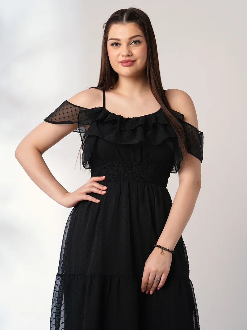 globus Women Black Off Shoulder Self Design Ruffles Detail Smocked Fit & Flare Midi Party Dress