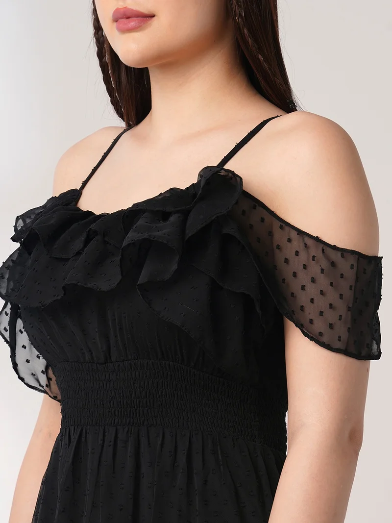 globus Women Black Off Shoulder Self Design Ruffles Detail Smocked Fit & Flare Midi Party Dress