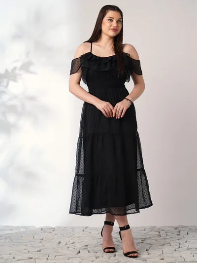 globus Women Black Off Shoulder Self Design Ruffles Detail Smocked Fit & Flare Midi Party Dress