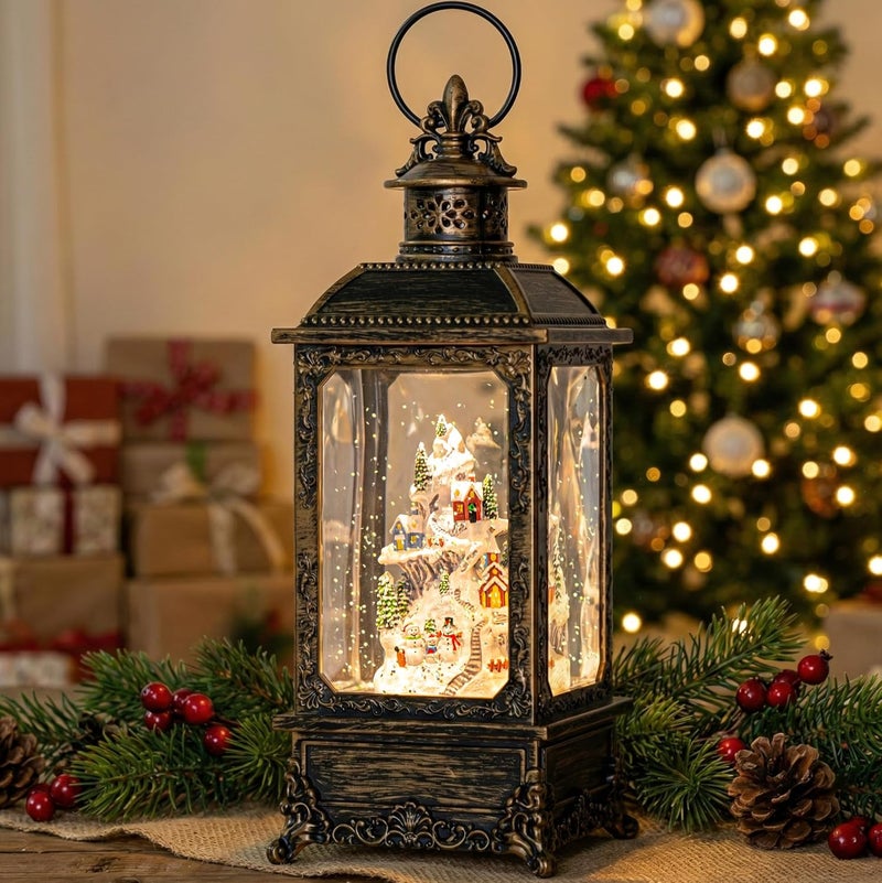MXwcy Christmas Village Snow Globe Lighted Snowy Mountain Village Scene, Musical Snow Water Lantern Swirling Glittering Home Decoration and Gift, Battery Operated or USB Powered - Image 5