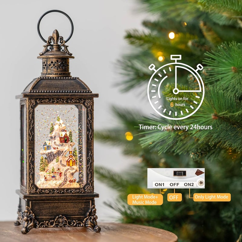 MXwcy Christmas Village Snow Globe Lighted Snowy Mountain Village Scene, Musical Snow Water Lantern Swirling Glittering Home Decoration and Gift, Battery Operated or USB Powered - Image 4