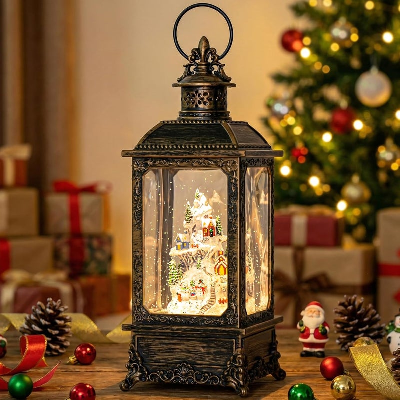 MXwcy Christmas Village Snow Globe Lighted Snowy Mountain Village Scene, Musical Snow Water Lantern Swirling Glittering Home Decoration and Gift, Battery Operated or USB Powered - Image 1