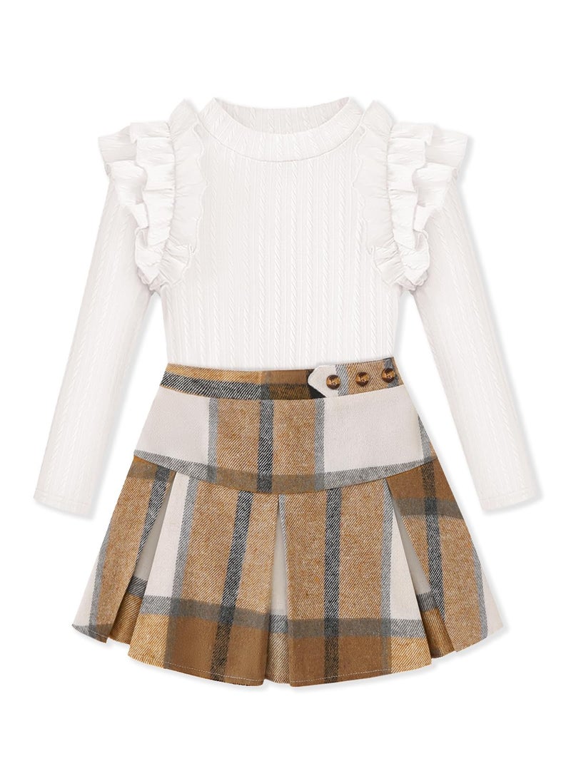 AMAWMW Toddler Little Girl Outfit Ribbed Ruffle Sleeve Top Plaid Skirt Set 2Pcs Fall Winter Clothes, White, 4-5T - Image 1