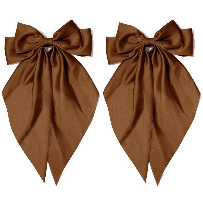Big Hair Bows with Long Tail 2PCS Brown Bow Hair Clip with Metal Spring Clamp Soft Satin Hair Ribbon for Women Girls