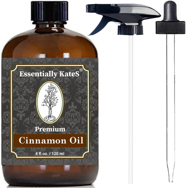 Essentially KateS Premium Cinnamon Oil 4 Fl Oz with Huge Dropper and Sprayer - 100% Pure, Natural & Therapeutic - Cleaning, DIY Soap, Diffuser, Aromatherapy, Garden and Kitchen - Indoor and Outdoor - Image 1