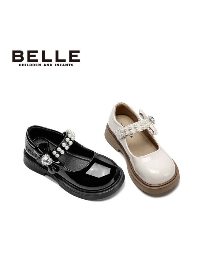 Belle Kids Spring Autumn Girls Black Leather Shoes Children's Performance Student Shoes Pearl Flats Princess Shoes Black Size 36 - Image 5