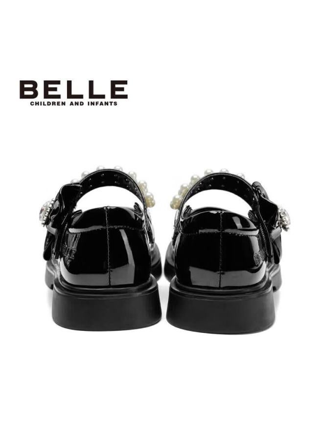 Belle Kids Spring Autumn Girls Black Leather Shoes Children's Performance Student Shoes Pearl Flats Princess Shoes Black Size 36 - Image 3