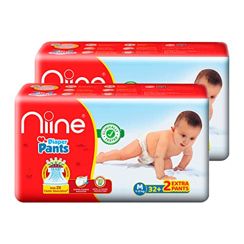 Niine Baby Diaper Pants Medium(M) Size (7-12 KG) (Pack of 2) 68 Pants for Overnight Protection with Rash Control - Image 1