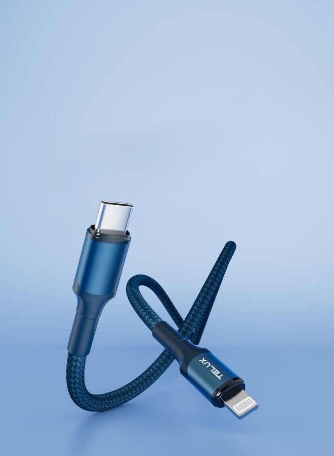 TELUX FLEXIX USB-C to Lightning Braided Cable 1m, 27W PD Fast Charging, Wear-Resistant Nylon Braid, 10000+ Bend Lifespan, 480Mbps Data Transfer, Navy Blue - Image 3