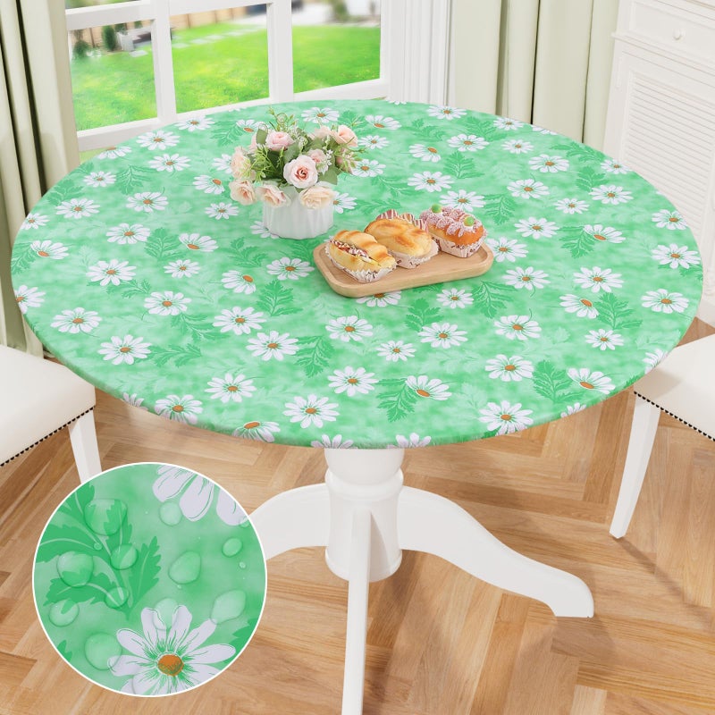 misaya Round Fitted Tablecloth with Elastic Edge 100 Waterproof Oil Proof Plastic Table Cover Vinyl Flannel Backed Table Cloth Fits 3644 Round Tables for Dinner Outdoor Picnic Green Daisy