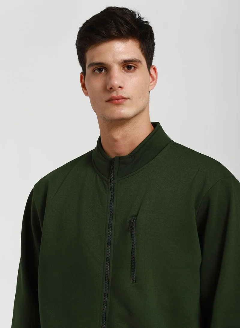Dennis Lingo Regular Fit Olive Mock Neck Sweatshirt for Men - Polycotton, Solid, Full Sleeves, Knitted Fabric