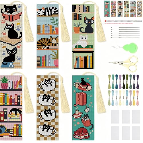 NEGEKFKX 6 Pcs Black Cat Cross Stitch Bookmark Kit for Adult Beginners,Book Cross Stitch Kits 14 CT DIY Crossstitch Kits Adult Stamped Bookmark Embroidery Bookmarks Kit - Image 1