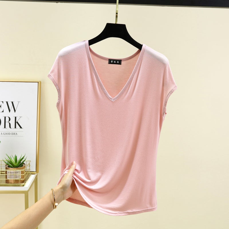 Modal V-Neck Sleeveless T-Shirt Women's Summer Thin Half-Sleeve Loose plus size All-Match Base Shirt Outer Wear T-Shirt Top - Image 1
