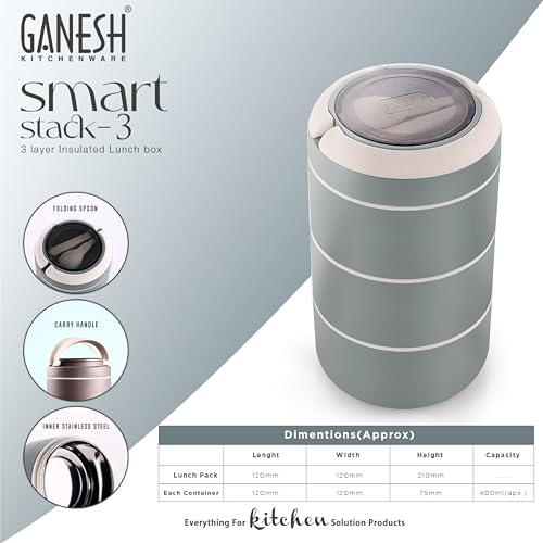 Ganesh Smart Stack 3 Layer Protable Lunch Box Stainless Steel Airtight Leak-Proof Lunch Box for Office, School, Picnic -Brown, 1200 Milliliters - Image 3