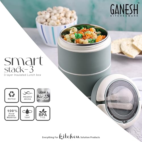 Ganesh Smart Stack 3 Layer Protable Lunch Box Stainless Steel Airtight Leak-Proof Lunch Box for Office, School, Picnic -Brown, 1200 Milliliters - Image 4