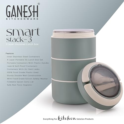 Ganesh Smart Stack 3 Layer Protable Lunch Box Stainless Steel Airtight Leak-Proof Lunch Box for Office, School, Picnic -Brown, 1200 Milliliters - Image 5