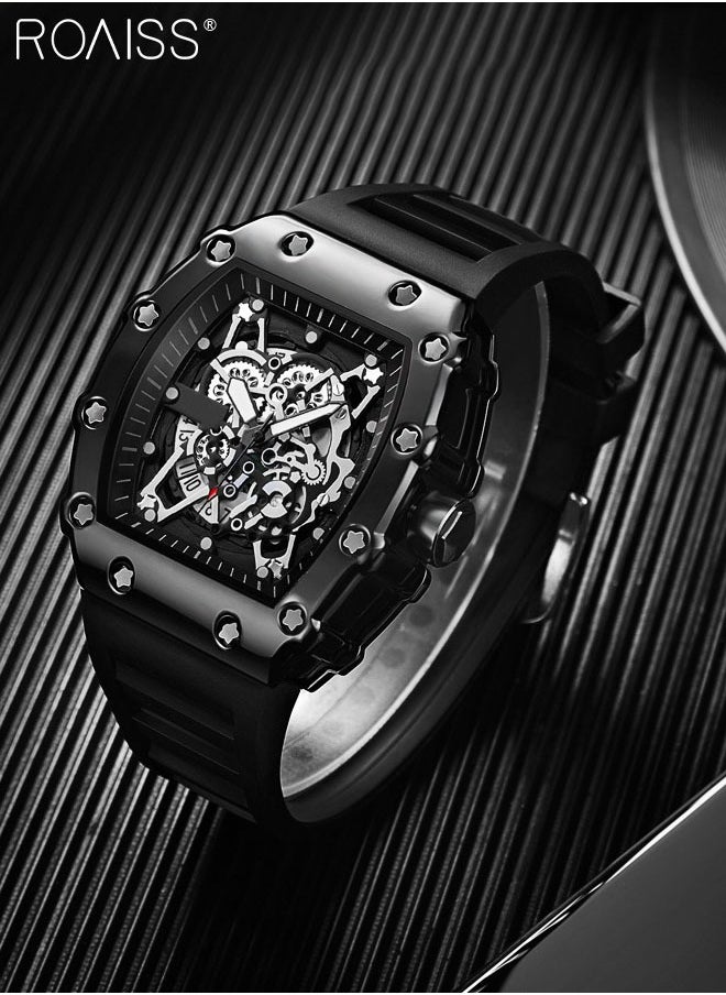 roaiss - Men's Rubber Strap Quartz Watch Analog Display Barrel-Shaped Dial with Skeletonized Mechanical Design Waterproof Luminous Sports Wristwatch as Gift for Men - Image 1