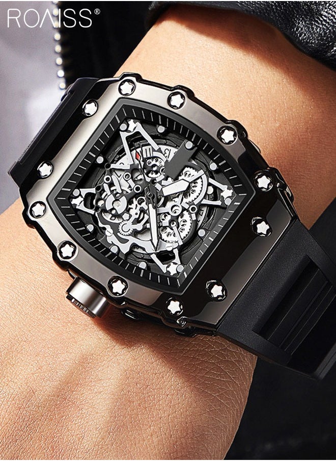 roaiss - Men's Rubber Strap Quartz Watch Analog Display Barrel-Shaped Dial with Skeletonized Mechanical Design Waterproof Luminous Sports Wristwatch as Gift for Men - Image 1