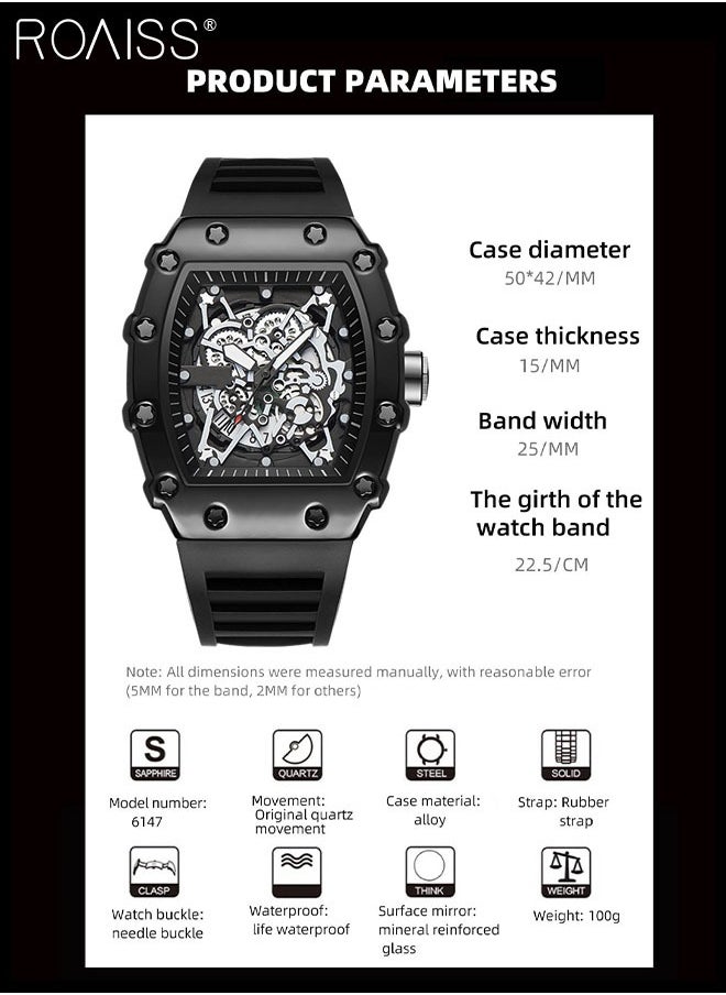 roaiss - Men's Rubber Strap Quartz Watch Analog Display Barrel-Shaped Dial with Skeletonized Mechanical Design Waterproof Luminous Sports Wristwatch as Gift for Men - Image 1