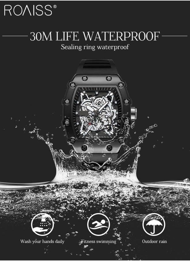 roaiss - Men's Rubber Strap Quartz Watch Analog Display Barrel-Shaped Dial with Skeletonized Mechanical Design Waterproof Luminous Sports Wristwatch as Gift for Men - Image 1
