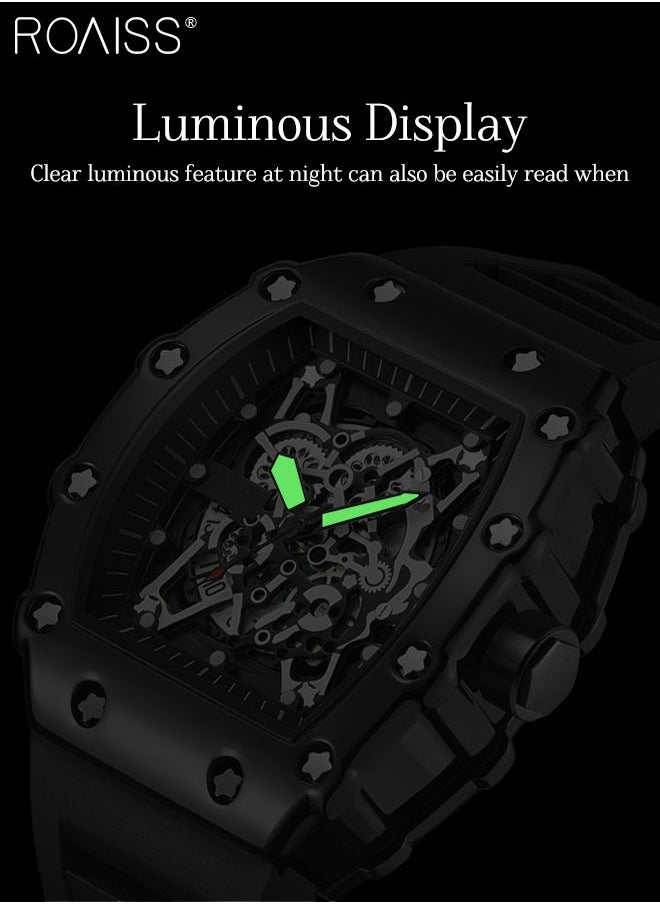 roaiss - Men's Rubber Strap Quartz Watch Analog Display Barrel-Shaped Dial with Skeletonized Mechanical Design Waterproof Luminous Sports Wristwatch as Gift for Men - Image 1