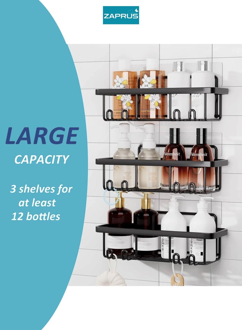 Zaprus Shower Caddy Shelf Set, Black Carbon Steel, 6 Pieces with 3 Large Rectangular Shelves, 2 Soap Holders, 1 Toothbrush Holder - Image 5