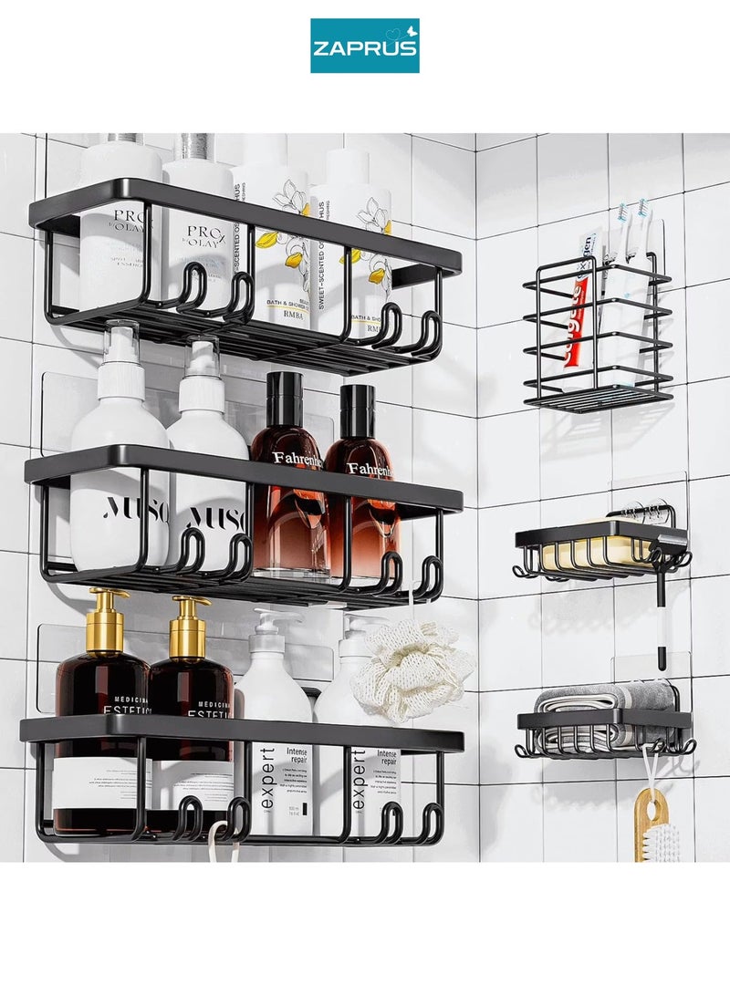 Zaprus Shower Caddy Shelf Set, Black Carbon Steel, 6 Pieces with 3 Large Rectangular Shelves, 2 Soap Holders, 1 Toothbrush Holder - Image 2