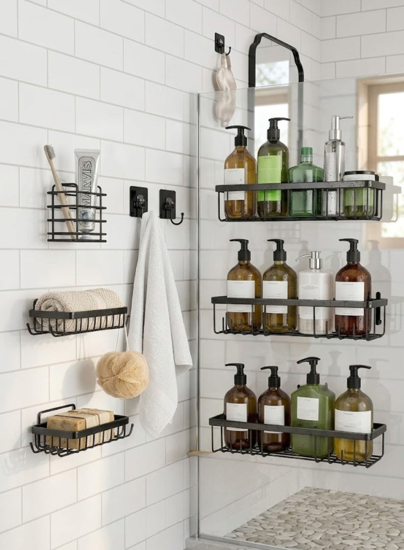 Zaprus Shower Caddy Shelf Set, Black Carbon Steel, 6 Pieces with 3 Large Rectangular Shelves, 2 Soap Holders, 1 Toothbrush Holder - Image 1