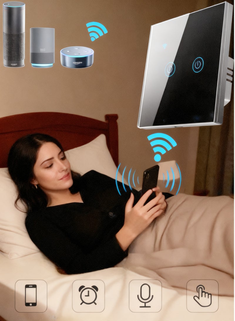 Naxifly WiFi Smart Wall Light Switch, No Neutral Wire Required, No Hub Required, Compatible with Google Home & Alexa, Touch & App Remote Control, Timing Function & Voice Control (Gang 2, Black) - Image 1