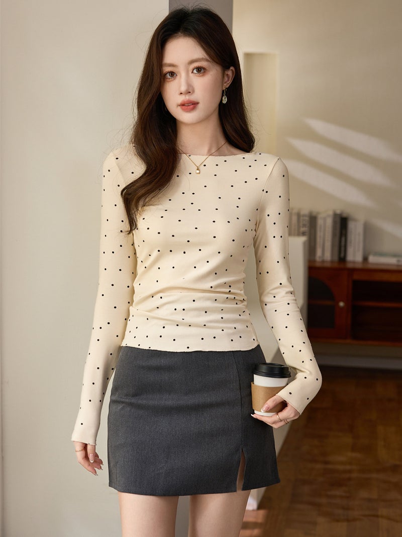 # Select High-Quality Products # Micro-Curled Age-Reducing Polka-Dot T-Shirt Women'S Long-Sleeved 2025 Autum New Retro Bottoming Shirt Top - Image 3