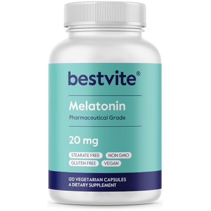 BESTVITE Melatonin 20 mg - 120 Veg Caps - No Stearates - No Sucralose, No Dextrose, No Silicon Dioxide, No Mannitol - Vegan - Non-GMO - Gluten-Free - Image 1