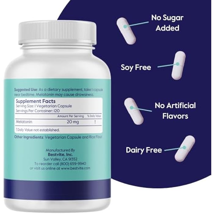 BESTVITE Melatonin 20 mg - 120 Veg Caps - No Stearates - No Sucralose, No Dextrose, No Silicon Dioxide, No Mannitol - Vegan - Non-GMO - Gluten-Free - Image 3