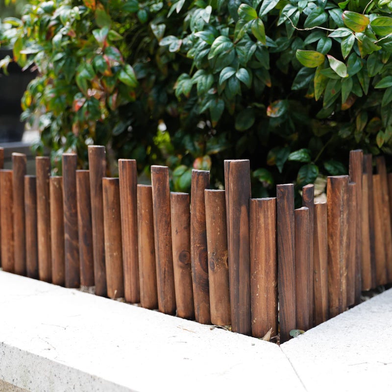 Worth Garden Wooden Staggered Short Fence - 8 in. H. x 3.7 ft. L. Burnt Wood Finish Outdoor Landscape Edging Flexible Decorative Border - Garden Yard Flower Bed Tree Fence - Stakes 4 in. Height - Image 5