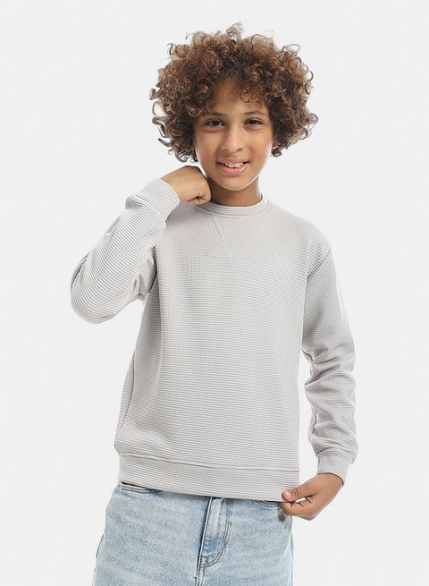 Self Patterened Light Grey Long Sleeves Pullover_Light Grey