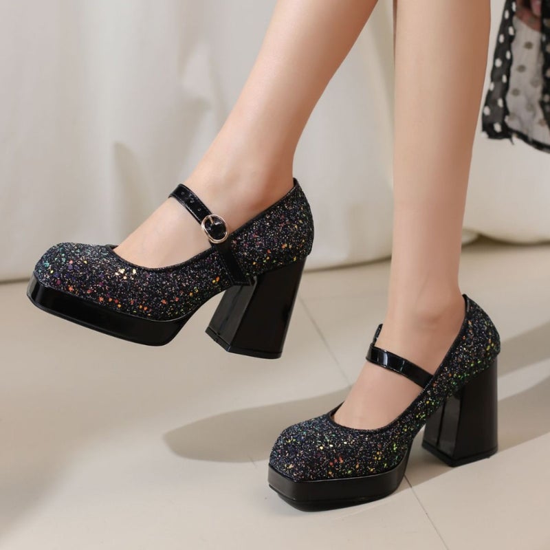 Wish Supply 2025 Spring New Fashion Thick-Soled High-Heeled Sequined 40-43 Large Size Square-Toe Pumps - Image 4