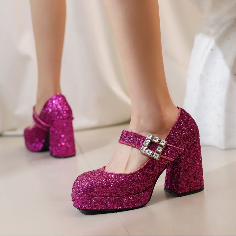 Wish Supply 2025 Spring New Fashion Thick-Soled High-Heeled Sequined 40-43 Large Size Square-Toe Pumps - Image 3