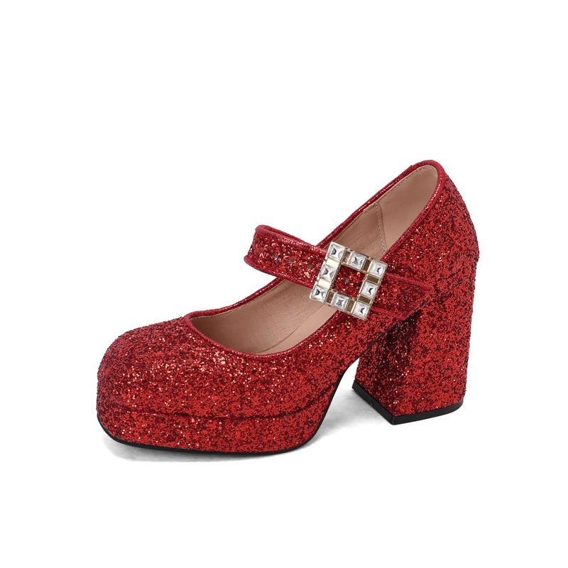 Wish Supply 2025 Spring New Fashion Thick-Soled High-Heeled Sequined 40-43 Large Size Square-Toe Pumps - Image 1