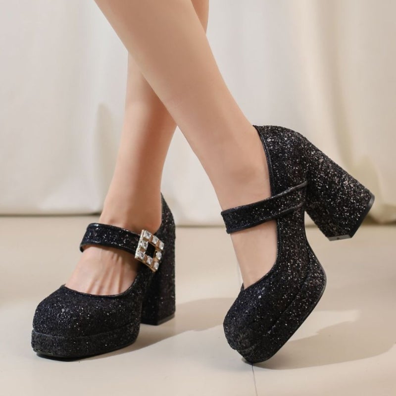 Wish Supply 2025 Spring New Fashion Thick-Soled High-Heeled Sequined 40-43 Large Size Square-Toe Pumps - Image 2