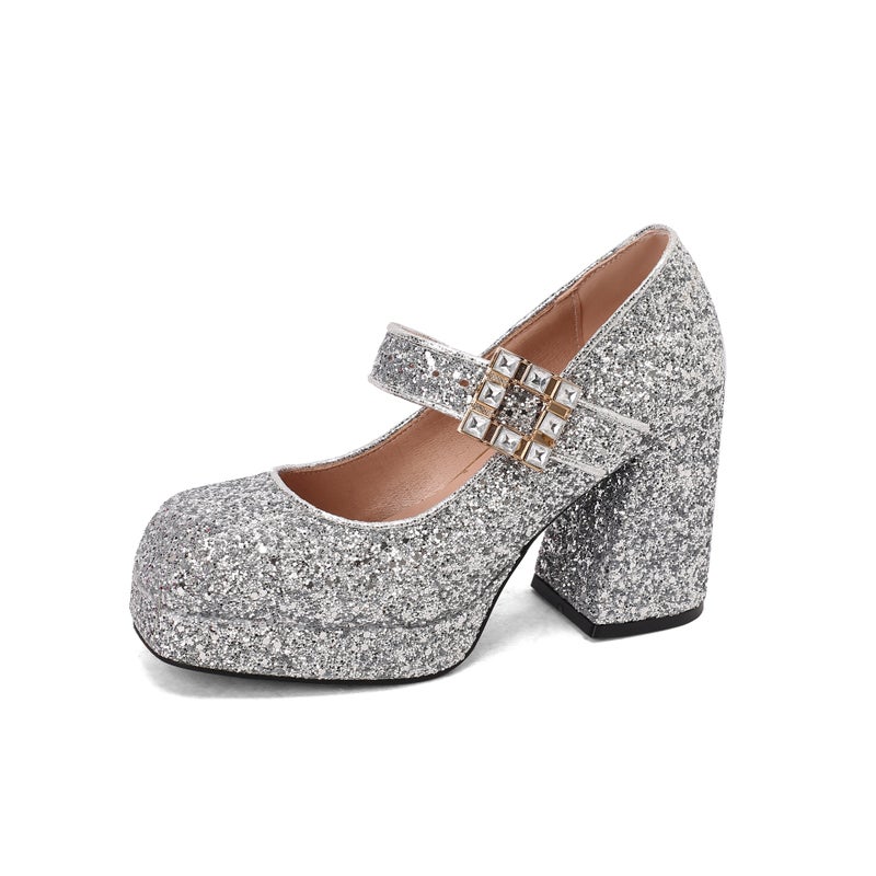 Wish Supply 2025 Spring New Fashion Thick-Soled High-Heeled Sequined 40-43 Large Size Square-Toe Pumps - Image 5