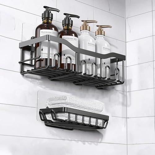 JD FRESH Alloy Steel 2 In 1 Self Adhesive Organizer Combo/Racks And Shelves For Wall/Stand For Bathroom Without Drill/Soap Holder With Tooth Brush Holder/Bathroom Accessories(Black) - Image 1