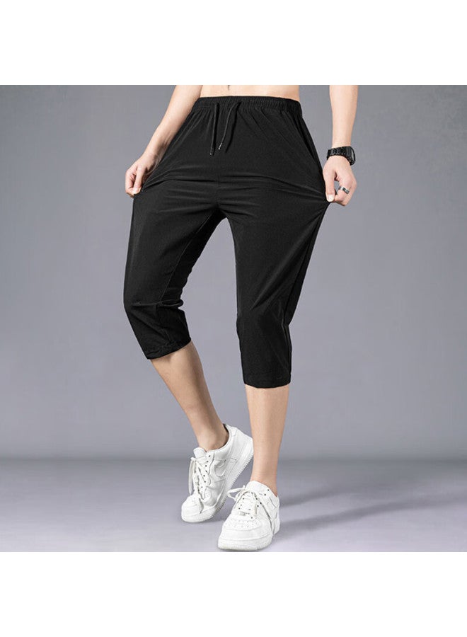 Vancamel Men's Summer Shorts Seven-point Thin Ice Silk Quick-drying Sports Elastic Breathable Casual Pants Black 3XL - Image 2