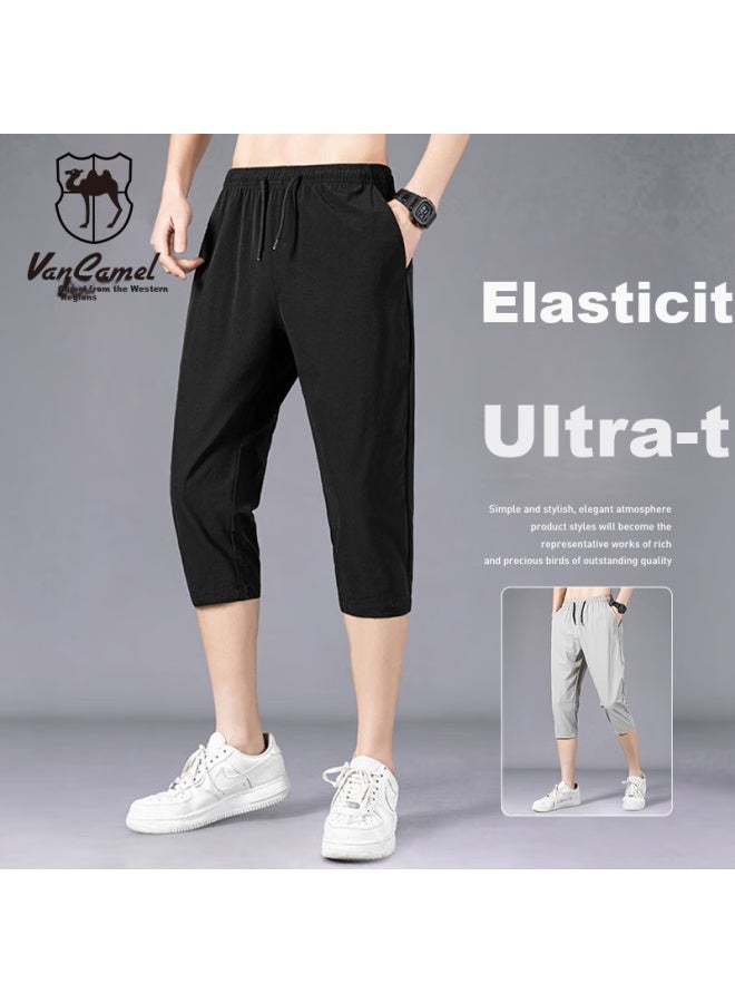Vancamel Men's Summer Shorts Seven-point Thin Ice Silk Quick-drying Sports Elastic Breathable Casual Pants Black 3XL - Image 1
