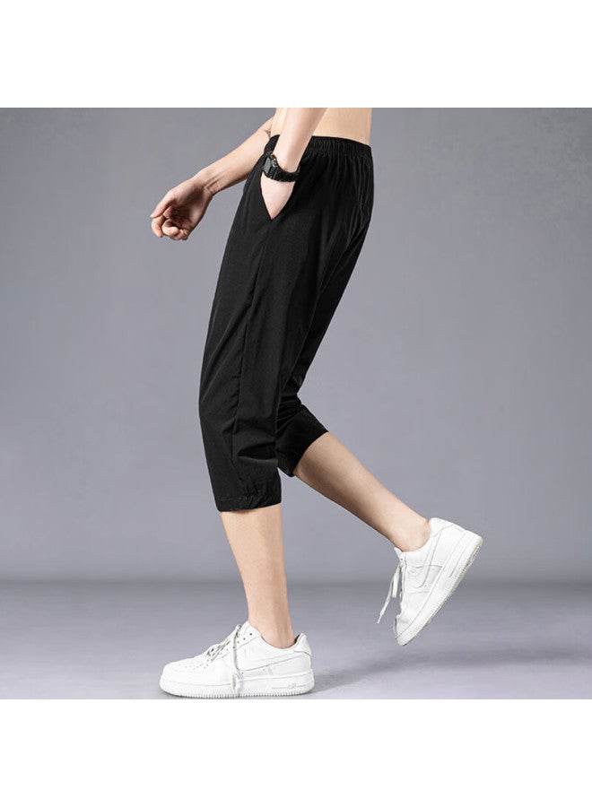 Vancamel Men's Summer Shorts Seven-point Thin Ice Silk Quick-drying Sports Elastic Breathable Casual Pants Black 3XL - Image 4