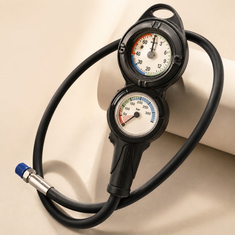 Console PD2 Pressure+Depth Gauge for diving applications, stainless steel housing, black with yellow accents, dual-function analog display with high-precision sensor - Image 1