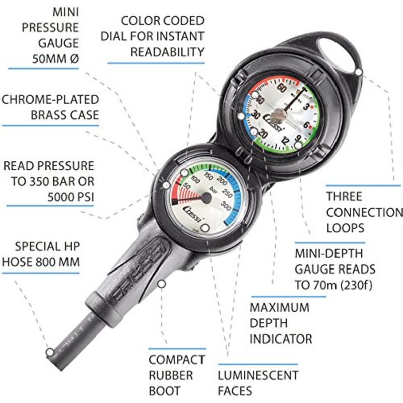 Console PD2 Pressure+Depth Gauge for diving applications, stainless steel housing, black with yellow accents, dual-function analog display with high-precision sensor - Image 2