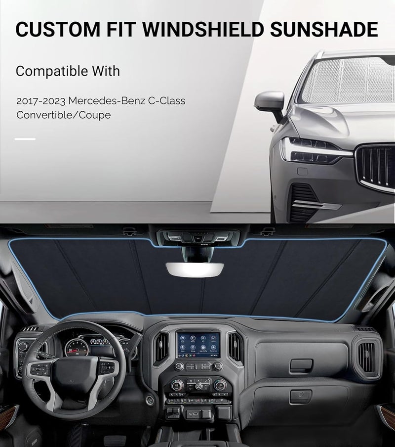 Pigenius Windshield Sun Shade for 2017-2023 Mercedes-Benz C-Class Convertible/Coupe. 2024 Upgrade Reflective Aluminum Film Front Window Sunshade for Maximum Interior Protection - Image 2