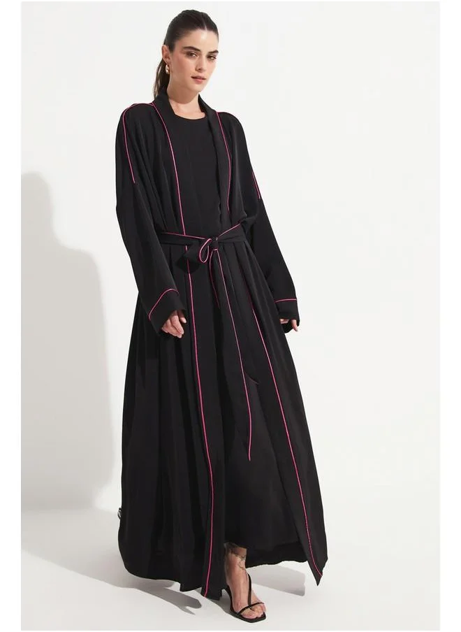 جون June Embroidered Detailed Satin Abaya Black - Fuchsia