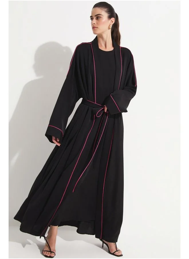 جون June Embroidered Detailed Satin Abaya Black - Fuchsia