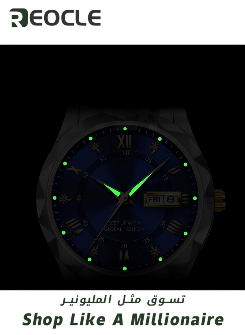 REOCLE Men's Quartz Watch Business Dress Analog Wrist Watch  with Diamond Dial & Stainless Steel Strap & Luminous Pointer & Date & Daily Waterproof - Image 5