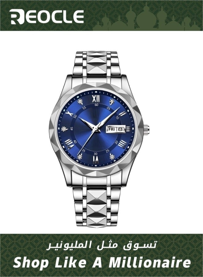 REOCLE Men's Quartz Watch Business Dress Analog Wrist Watch  with Diamond Dial & Stainless Steel Strap & Luminous Pointer & Date & Daily Waterproof - Image 1